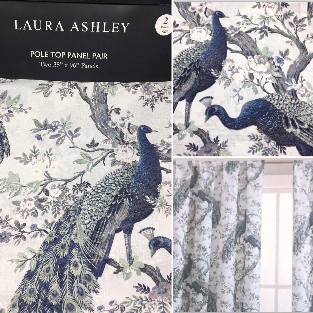 Laura Ashley Peacock 2 Window Curtain Panels 38x96 Belvedere Floral Blue Green